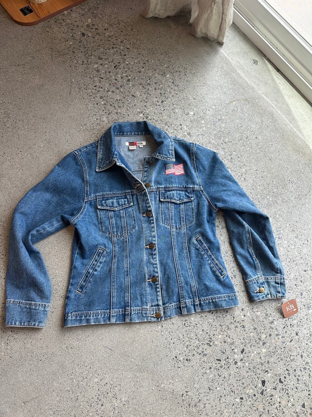 Vintage Y2K Live a Little American Flag Denim Jacket Small Cotton